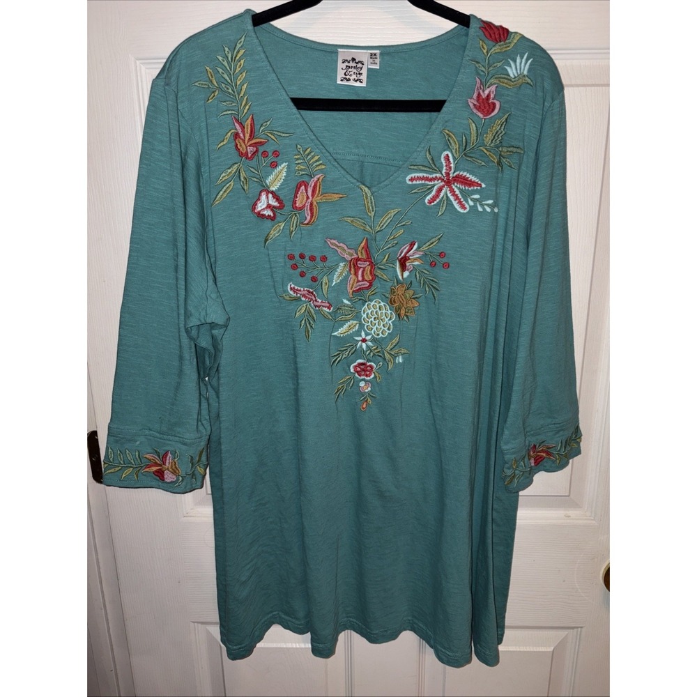 Parsley and Sage Tunic 2X Teal Knit Embroidered 3/4 Sleeve Artsy V-neck Top